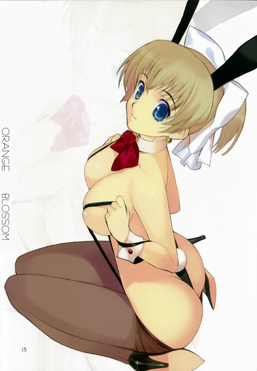 animal_ear ass blonde_hair blue_eyes bow breasts bunny_ear bunny_girl bunny_tail bunnysuit choker cleavage cuffs detached_collar detached_cuffs hairbow high_heels highres large_breasts mibu_natsuki page_13 pantyhose pantyhose_pull sling_bikini smile swimsuit thong wrist_cuffs