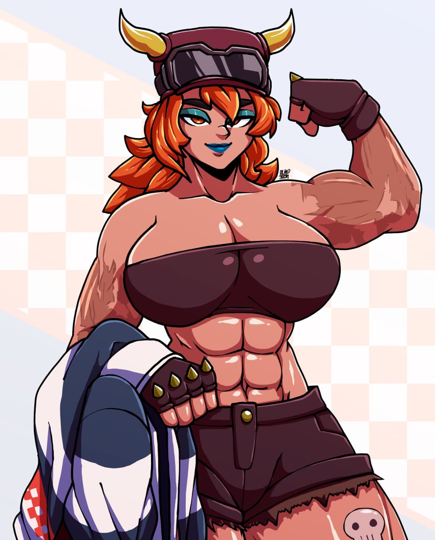 1girls abs arm_up bangs big_breasts blindstash blue_eyeshadow blue_lipstick breasts burn_scar checkered_background cleavage clothes clothing curvy curvy_figure eyes_half_open eyeshadow flexing fortnite fortnite:_battle_royale gloves goggles goggles_on_hat goggles_on_headwear grey_background hat horned_headwear horns hourglass_figure jacket large_breasts lina_scorch lipstick long_hair looking_at_viewer makeup muscular_female orange_background orange_eyes orange_hair red_hair seductive seductive_eyes seductive_look shorts sidelocks simple_background skull skull_tattoo smile solo spiked_gloves spikes spiky_hair standing tan tan-skinned_female tan_body tan_skin tattoo tattoo_on_legs tattoo_on_thigh thick_thighs toned toned_female two_tone_background watermark