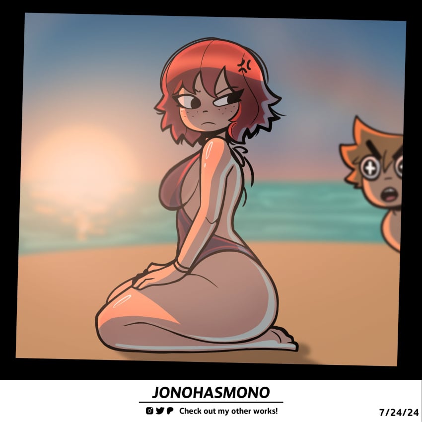 1boy 1girls 2024 anger_vein beach black_eyes female freckles jonohasmono kim_pine kneeling looking_back male orange_hair red_hair red_swimsuit scott_pilgrim scott_w_pilgrim seaside short_hair star-shaped_pupils swimsuit