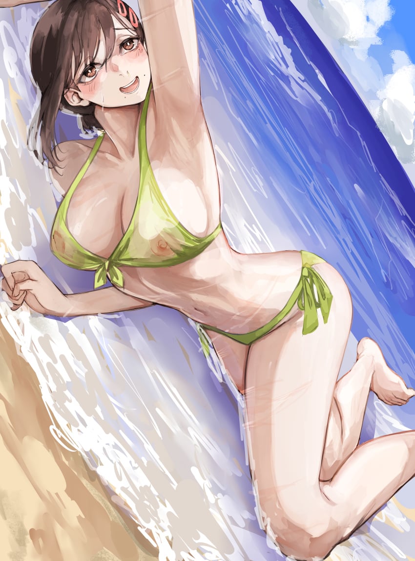 1girls areolae areolae_visible_through_clothing beach big_breasts bikini bikini_bottom bikini_top black_eyes black_hair blush bottomwear breasts chainsaw_man cleavage feet female female_only green_bikini hair hair_ornament hairclip higashiyama_kobeni high_resolution highres hips mole mole_under_eye mole_under_mouth nipples nipples_visible_through_clothing nui_gurumi solo solo_female swimwear thighs topwear water