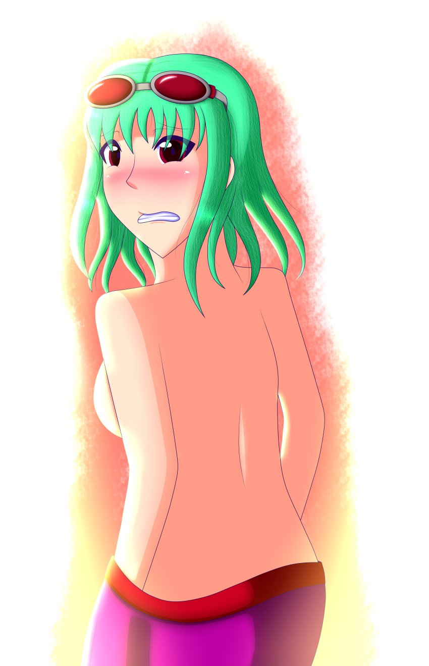 1girls 2020 aquamarine_hair bare_back bare_shoulders blush breasts crimson_eyes deviantart_link eyebrows eyebrows_visible_through_hair goggles goggles_on_head green_hair gumi hair_over_eyes japanese_clothes kimono light_blush looking_at_viewer masa_works_design medium_aquamarine_hair medium_hair medium_length_hair mv_character no_nipples no_nipples_visible oni_to_kitsune_no_hanashi pinkyberetda purple_kimono red-tinted_eyewear red_eyes red_goggles red_sash sash solo sunlight teeth teeth_clenched the_doll_owner tinted_eyewear undressing undressing_self vocaloid white_background