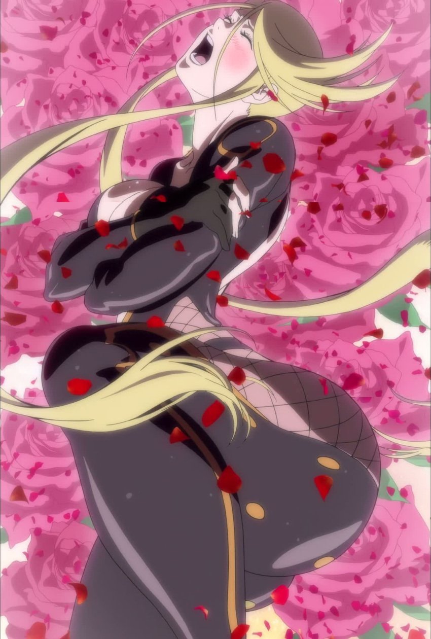 1girls ass blonde_hair bodysuit breasts cleavage closed_eyes flower highres huge_ass kasuga kasuga_(sengoku_basara) large_breasts long_hair ninja open_mouth orgasm rose screencap sengoku_basara sexually_suggestive short_hair_with_long_locks solo