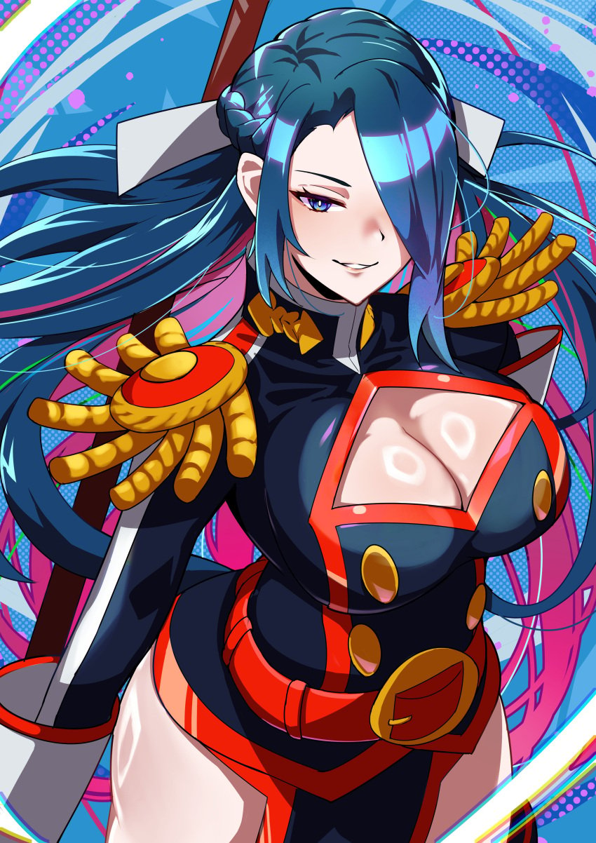 anti-demon_corps_uniform azuma_fubuki belt_buckle blue_eyes blue_hair buckle cleavage hair_over_one_eye large_breasts long_hair looking_at_viewer mato_seihei_no_slave milf pelvic_curtain smiling thighs yamada_otonari