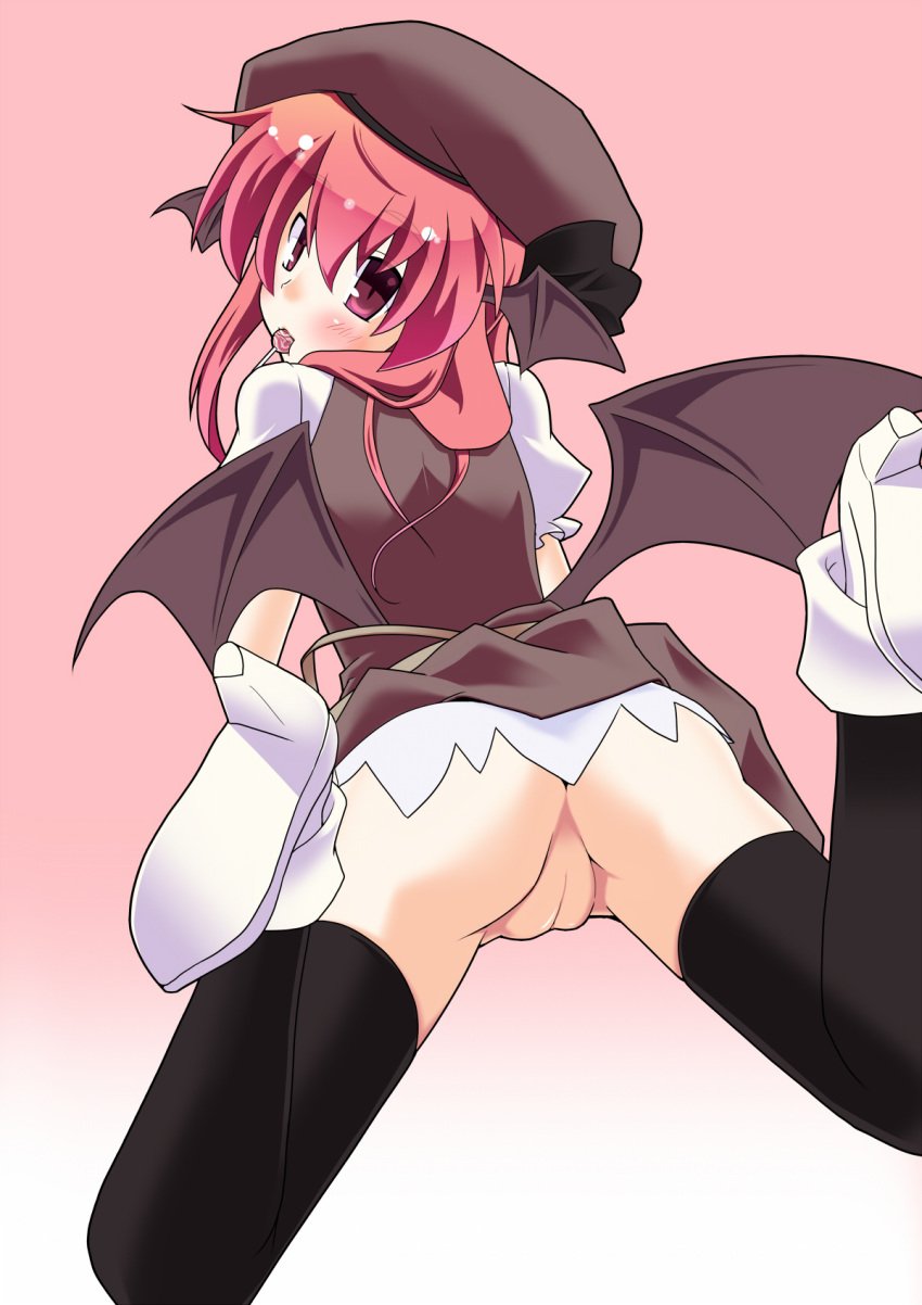 animal_ears ass bat_wings black_legwear black_thighhighs blush brown_dress candy dress from_behind hat head_wings high_heels highres hujikok koakuma lollipop looking_back mouth_hold no_panties pussy red_eyes red_hair shoes solo spread_legs succubus the_embodiment_of_scarlet_devil thighhighs touhou turning uncensored upskirt wings