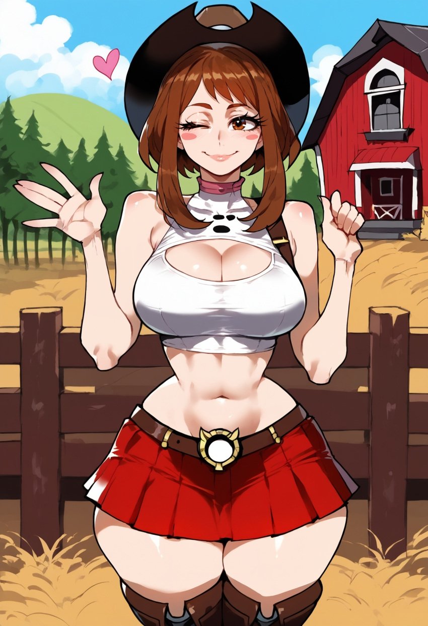 1girls ai_generated bare_arms bare_shoulders bare_thighs big_breasts blush brown_eyes brown_hair clothed clothing color cowgirl cowgirl_outfit dark-skinned_male farmgirl female female_focus female_only floppydisc hat hi_res large_breasts light-skinned_female light_skin looking_at_viewer my_hero_academia ochako_uraraka short_hair solo solo_female tagme thiccwithaq_(ai_style) thick_thighs