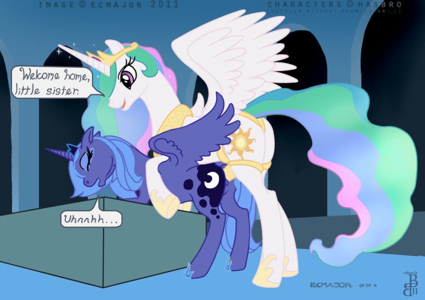 2011 closed_eyes crown dildo duo ecmajor english_text equine female friendship_is_magic furry furry_only hooves horn horse incest my_little_pony pegacorn pony princess_celestia_(mlp) princess_luna_(mlp) sex_toy siblings sister sisters straight_hair tail text unicorn wings yuri