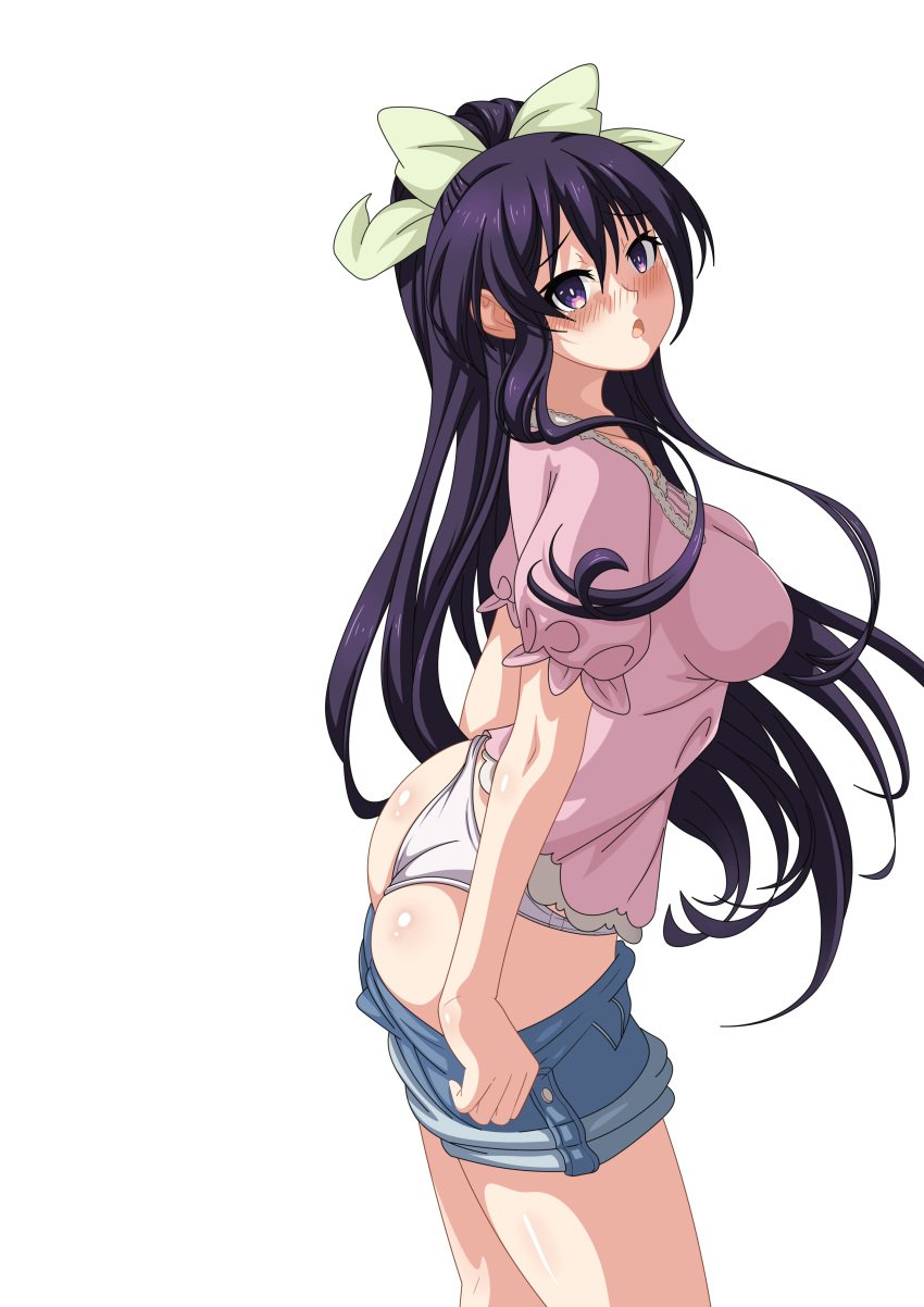 2d ass blush bra breasts clothed date_a_live exposed_ass female light-skinned_female long_hair medium_breasts panties purple_eyes purple_hair shorts shorts_down solo_female thick_thighs thighs yatogami_hebikura yatogami_tohka