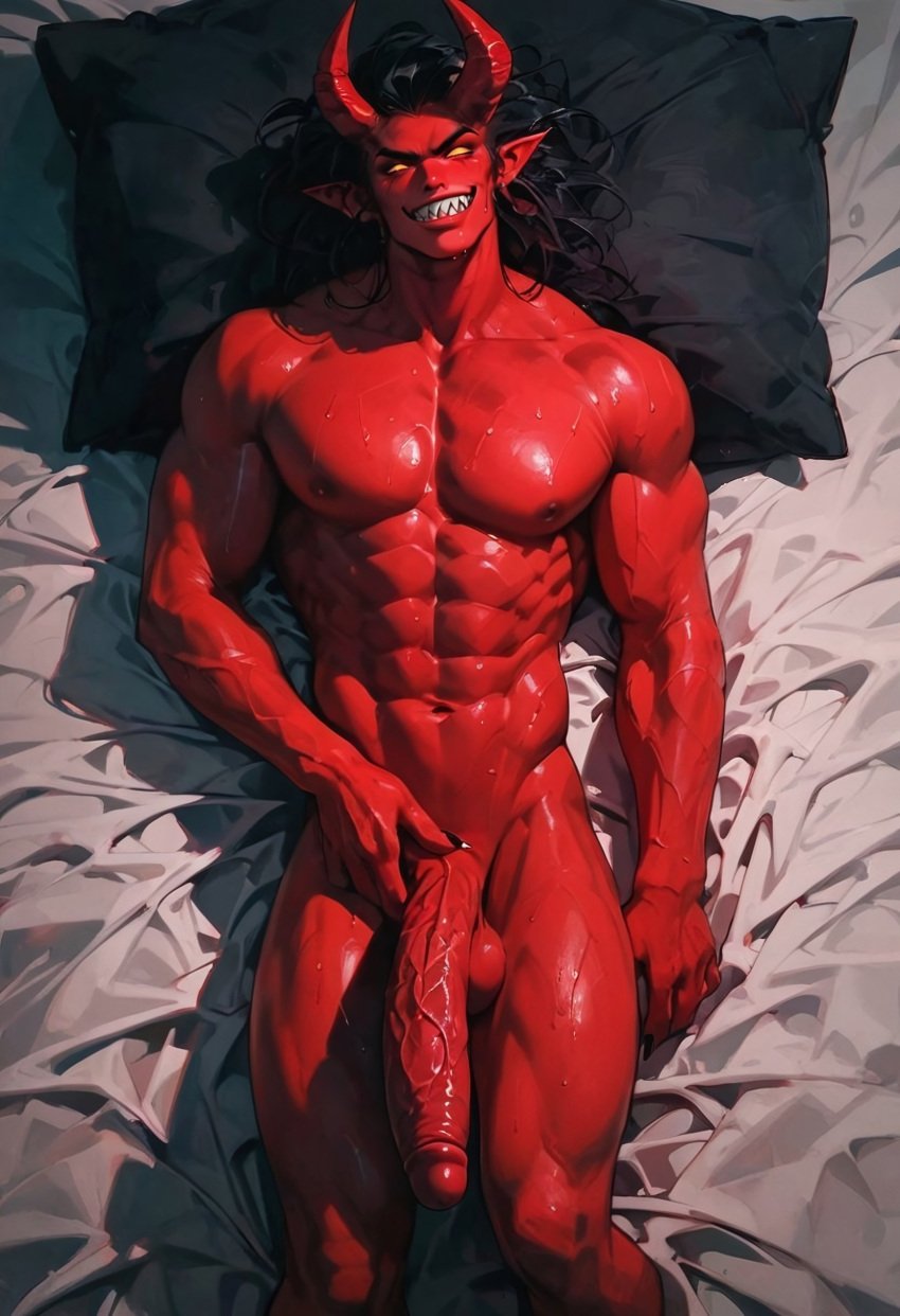 1boy abs ai_generated balls ballsack biceps big_balls big_cock big_dick big_penis black_hair cock demon devilworship dick horns huge_cock huge_dick huge_penis jagged_teeth large_cock large_dick large_penis male male_nipples male_only muscular nipples pecs pectorals penis pointy_ears red_body red_skin sweat sweaty sweaty_body testicles veiny_muscles veiny_penis yellow_eyes