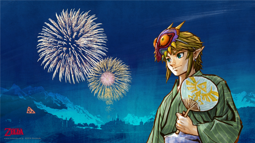 1boy blue_eyes earrings fireworks link_(twilight_princess) majora's_mask mask_on_head official_art short_hair the_legend_of_zelda triforce twilight_princess