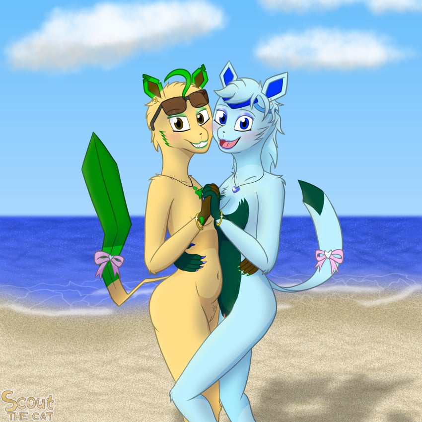 absurd_res accessories_only accessory anthro beach_background belly blue_body blue_eyes blue_fur blush bow_ribbon bracelet breasts brown_eyes claws cleavage clothed clothing cloud convenient_censorship duo ear_piercing ear_ring eeveelution eyeshadow eyewear eyewear_on_head female female/female fur furgonomics gem generation_4_pokemon genitals glaceon glistening glistening_claws green_body green_fur hand_holding heart_gem hi_res hug jewelry leafeon lipstick lisa_devellis looking_at_viewer makeup marissa_reinhart necklace nintendo painted_claws piercing pokemon pokemon_(species) pose pussy ribbons ring_piercing sand scoutthecat02 sea shadow small_breasts smile sunglasses sunglasses_on_head tail tail_accessory tail_bow tail_ribbon tan_body tan_fur thick_thighs water