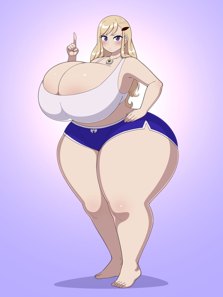 blonde_hair deztyle edens_zero huge_breasts rebecca_bluegarden short_shorts tagme tank_top thick_thighs voluptuous voluptuous_female white_tank_top wide_hips