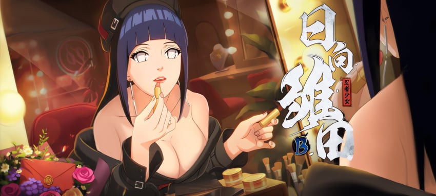 1girls alternate_costume applying_lipstick applying_makeup beret big_breasts blue_hair blunt_bangs breasts cleavage earrings female female_only hime_cut hyuuga_hinata jacket jewelry lavender_eyes lipstick long_hair makeup naruto naruto_(series) naruto_shippuden no_bra official_art revealing_clothes solo solo_focus third-party_edit