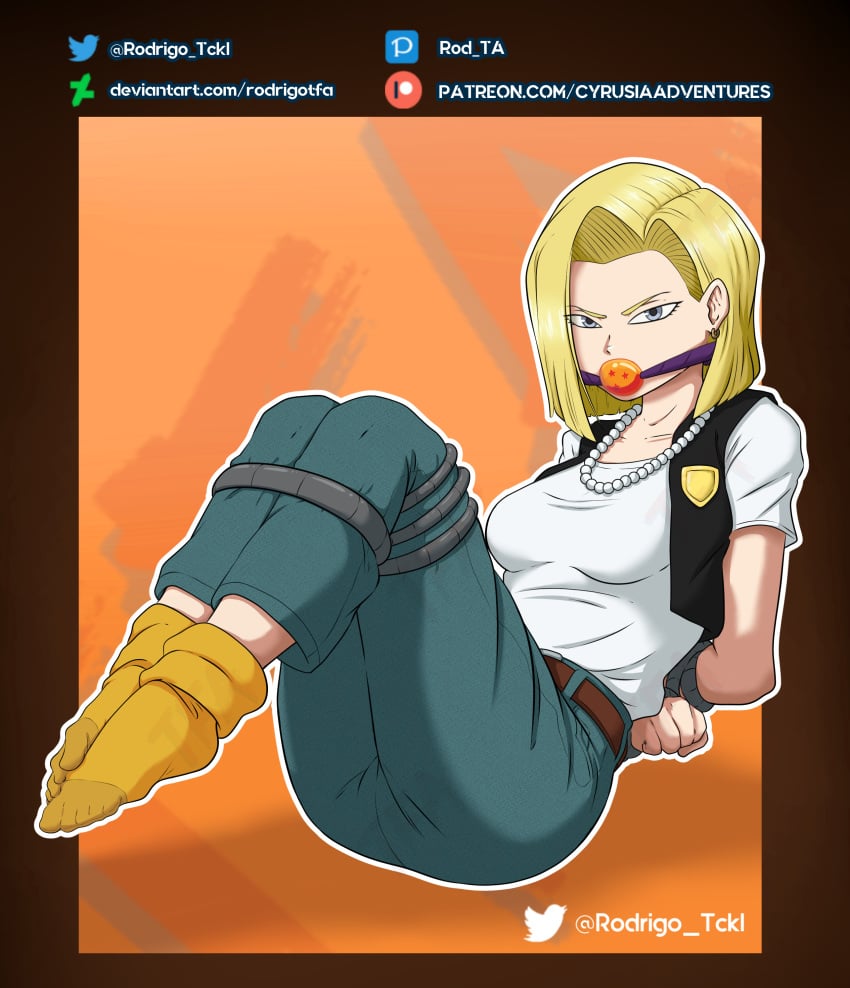 1girls android_18 arms_tied_behind_back ball_gag ball_gag_embellishment belt blonde_hair blue_eyes bondage bound bound_arms bound_legs clothed clothed_female dragon_ball dragon_ball_z embellished_ball_gag female female_only femsub fully_clothed gag gagged looking_at_viewer necklace no_shoes restrained rodrigo_tckl socks solo solo_female tied_up