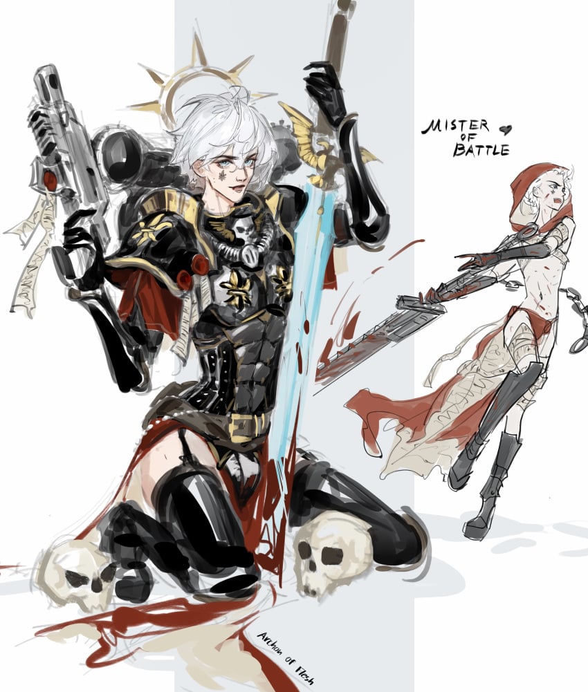 2boys 5_fingers adepta_sororitas archon_of_flesh armor black_armor black_boots black_garter_straps blood bolter boots bulge chainsword crossdressing energy_sword femboy feminine_male garter_straps girly halo holding_gun holding_sword holding_weapon hood human human_only imperium_of_man kneeling leather loincloth looking_at_viewer male_only purity_seal red_hood red_loincloth red_robe robe rough_sketch rule_63 running simple_background sister_of_battle sister_repentia skull sword thick_thighs thighhighs topless topless_male warhammer_(franchise) warhammer_40k white_background white_hair