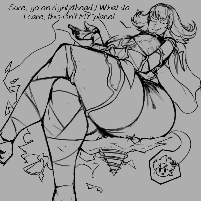 confident giantess gigantic_ass gigantic_breasts huge_ass huge_breasts kid_icarus kid_icarus_uprising lapotato8 legs_crossed monochrome nintendo phosphora pit_(kid_icarus) text thick_thighs