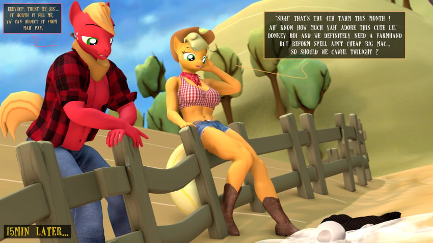 3d_(artwork) absurd_res anthro applejack_(mlp) big_macintosh_(mlp) bodily_fluids bone boots clothed clothing coriponer cowboy_boots cum digital_media_(artwork) earth_pony english_text equid equine female fence footwear friendship_is_magic genital_fluids hasbro hi_res horse leaning leaning_forward male mammal my_little_pony neckerchief open_clothing open_shirt open_topwear pony shirt sitting skull smooth_skin text topwear yoke