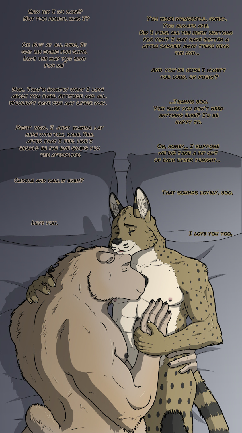 after_sex aftercare aitch anthro bear comic cuddling duo felid feline hi_res male male/male mammal polar_bear serval ursine