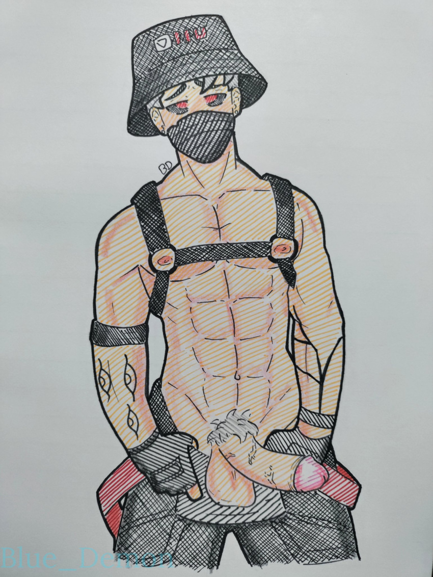 1boy balls bara black_sclera blue_demon66 bucket_hat fortnite male_only muscular muscular_male penis phantasm_(fortnite) pubic_hair red_eyes solo solo_male traditional_media_(artwork)