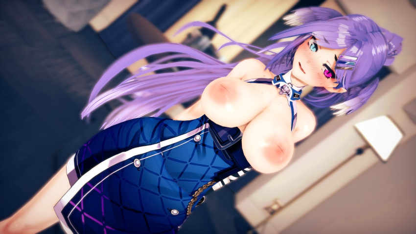 1girls 3d 3d_(artwork) areolae bare_breasts bare_shoulders big_areola big_breasts blue_clothing blue_eyes blush breasts breasts_out dutch_angle exposed_breasts exposed_shoulders female female_only front_view hair_wings hairclip head_wings heterochromia indoors inverted_nipples large_areolae light-skinned_female light_blue_eyes light_purple_hair light_skin long_hair nijisanji nijisanji_en nipple_slits padded_coat pink_eyes plaid_clothing pointy_ears ponytail purple_hair purple_hair_female sasiseso selen_tatsuki selen_tatsuki_(2nd_costume) skinny_legs sleeveless solo virtual_youtuber