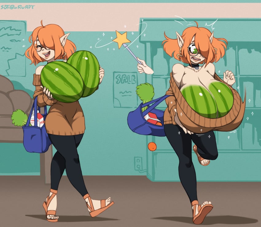 1girls absorption bag breast_expansion fusion gigantic_breasts glasses huge_breasts hyper hyper_breasts magic_wand market orange_hair pointy_ears sandals surprised sutibaru sweater tagme transformation watermelon watermelon_transformation_to_breast