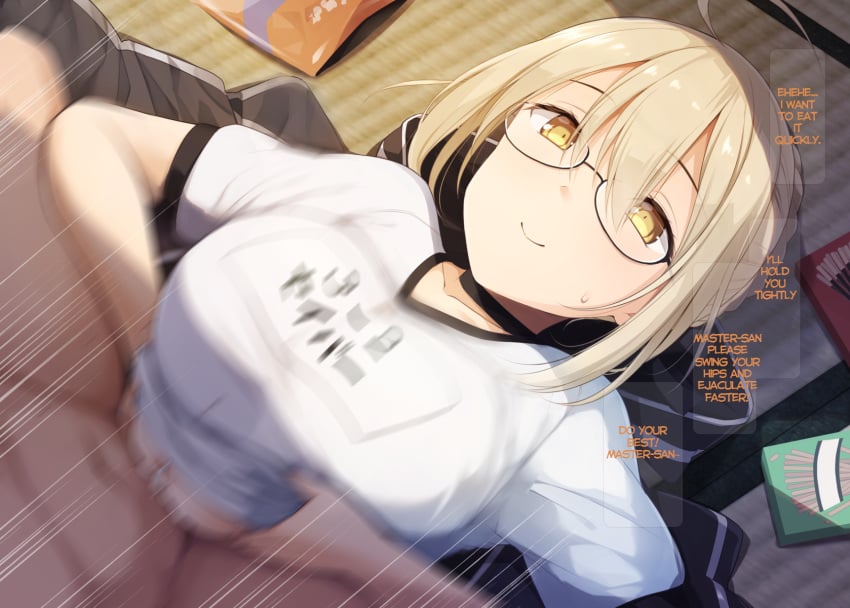 1boy ahoge artoria_pendragon artoria_pendragon_(fate) bangs blonde_hair blush boy_on_top braid breast_squeeze breasts choker cum cum_on_breasts fate/grand_order fate_(series) female french_braid glasses hair_between_eyes hair_bun hard_translated kurikara large_breasts long_hair lying motion_lines mysterious_heroine_x_(alter) on_back paizuri paizuri_under_clothes shirt short_sleeves sidelocks straight translated white_shirt yellow_eyes