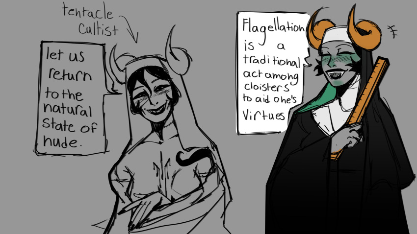 blood blush closed_eyes clothed clothing dialogue fangs fantasy fantroll happy homestuck homestuck_oc horns ms_paint_adventures narrowed_eyes nun nun's_habit ruler scar sharp_teeth short_hair soldierexclipse tagme tattoo tentacle