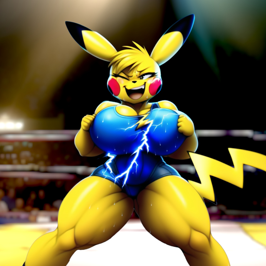 ai_generated anthro fight fighting_ring huge_breasts huge_thighs muscular novelai pikachu pokemon pokemon_(species) training victory