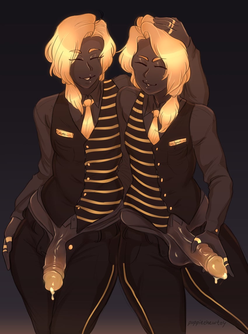 2boys blonde_hair brothers building closed_eyes color encore_(puppiechewtoy) erection femboy gay gijinka gold_hair hand_on_head male_only oc precum puppiechewtoy signature twink twins unbuttoned_pants unusual_cum wynn_(puppiechewtoy)