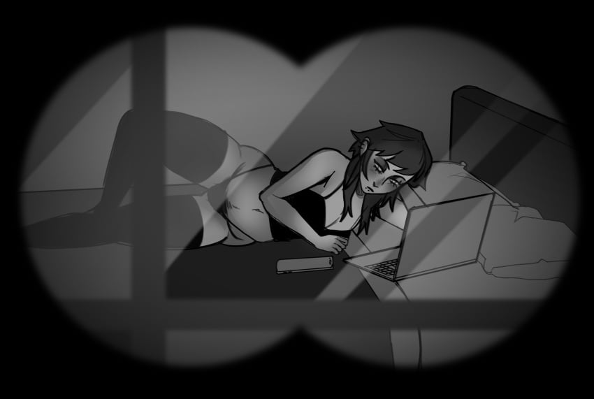 ambiguous_pov bed belly binoculars blanket bra dark_hair laptop lying_on_bed monochrome panties piercing piercings pillow pov pubes pubic_hair short_hair soldierexclipse stockings tagme tank_top thick_thighs thighhighs voyeur voyeur_pov voyeurism window