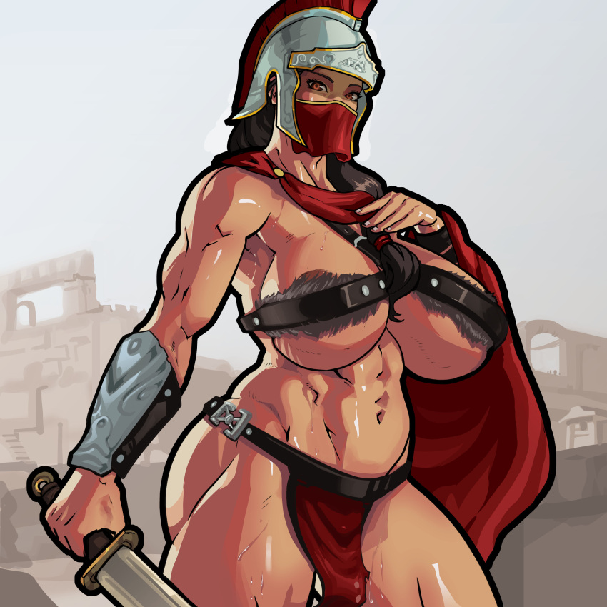 ancient ancient_greece ancient_history areola_slip areolae_peeking barely_clothed big_ass big_breasts brown_hair equinox006 facewear helmet massive_breasts muscular_female orange_eyes skimpy_armor spartan sweat sweating sweaty_body sword thick_thighs unconvincing_armor