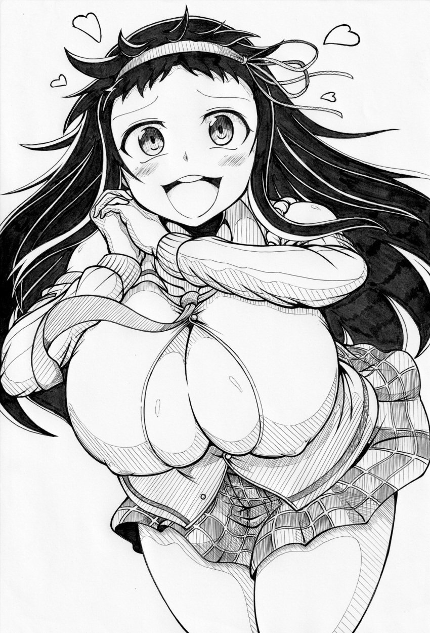 1girls :d ayame_(senran_kagura) black_hair breasts cleavage cleavage_cutout female front_view ha_jin hairband heart huge_breasts light-skinned_female light_skin long_hair looking_at_viewer marvelous messy_hair monochrome nipple_bulge open_mouth pencil_(artwork) senran_kagura simple_background skirt smile solo sweater teeth thick_thighs tie tongue white_background