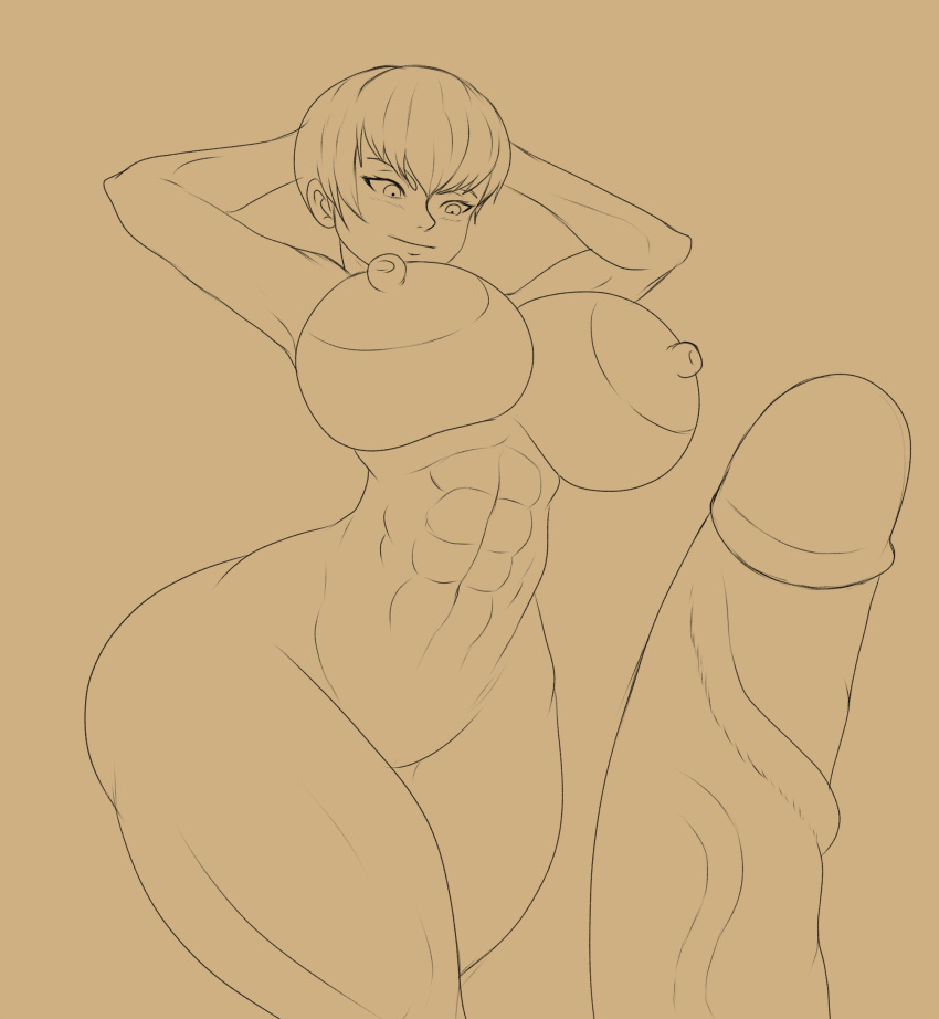 1boy 1girls 2020 abs areolae arms_behind_back arms_behind_head arms_up big_areola big_breasts bloody_roar breasts female imminent_sex ion7 jenny_burtory konami male muscular_female nipples nude nude_female penis_awe sketch smile standing tagme