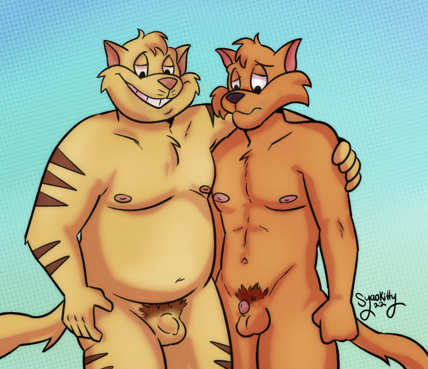 anthro balls chance_furlong chubby_male domestic_cat duo felid feline felis genitals hanna-barbera humanoid_genitalia humanoid_penis jake_clawson looking_down male male/male mammal nipples nude penis pubes small_penis smile stripes swat_kats syaokitty tail