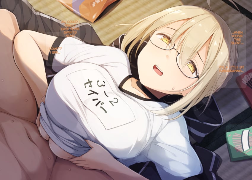 1boy ahoge artoria_pendragon artoria_pendragon_(fate) bangs blonde_hair blush boy_on_top braid breast_squeeze breasts choker fate/grand_order fate_(series) female french_braid glasses hair_between_eyes hair_bun hard_translated kurikara large_breasts long_hair lying mysterious_heroine_x_(alter) on_back paizuri paizuri_under_clothes shirt short_sleeves sidelocks straight translated white_shirt yellow_eyes