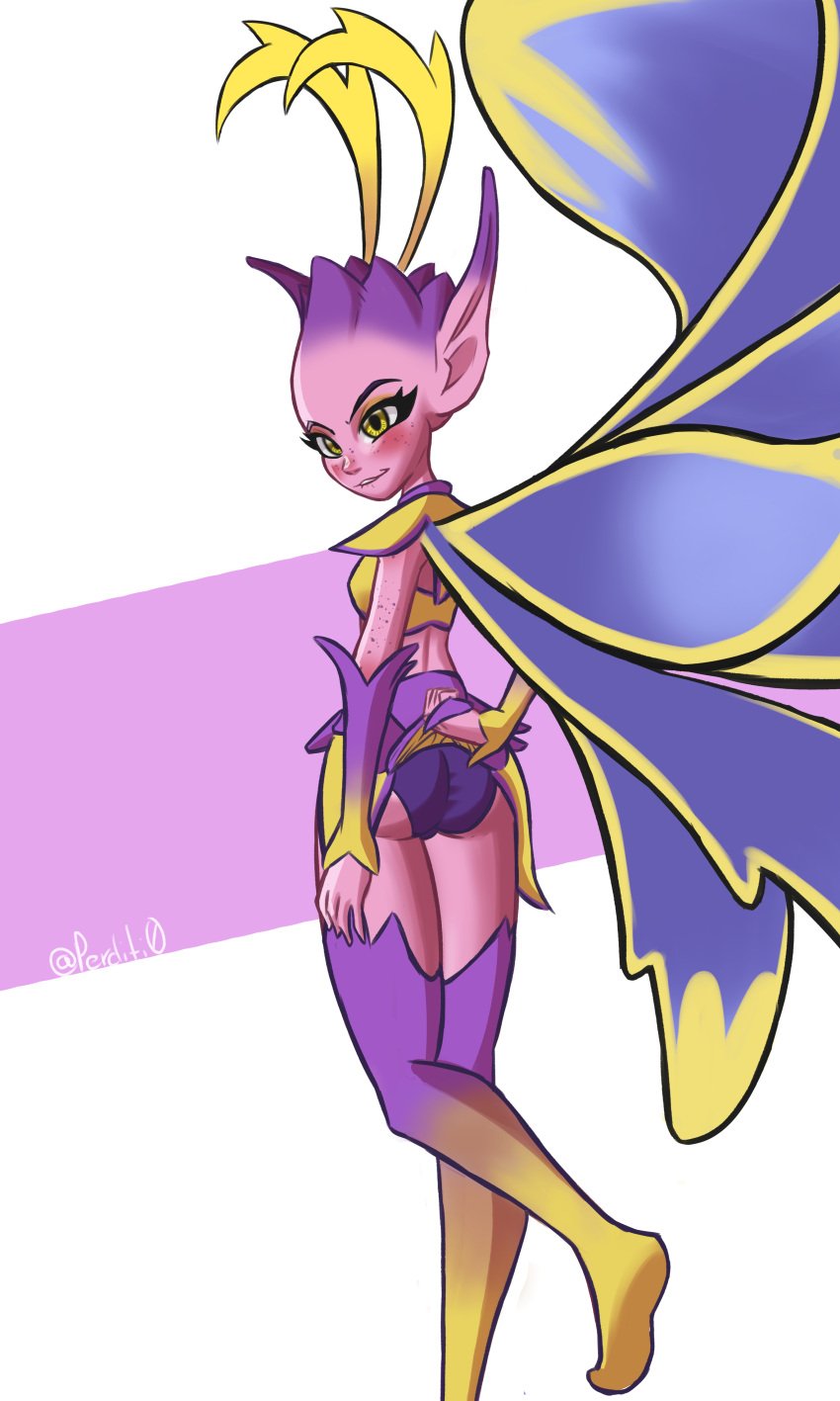 antennae fairy fairy_wings female freckles humanoid looking_at_viewer paladins perditi0 pink_body pink_skin pointy_ears solo_female willo_(paladins) yellow_eyes