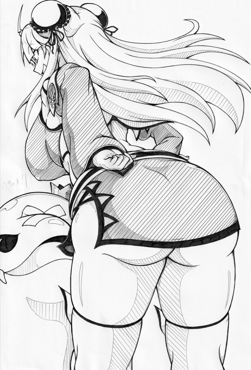 1girls ahoge animal arms_behind_back ass back_view bangs big_ass dolphin female ha_jin hair_ornament huge_breasts light-skinned_female light_skin long_hair looking_down luka_(senran_kagura) monochrome nipple_bulge pencil_(artwork) renka_(senran_kagura) senran_kagura sideboob simple_background skindentation smile snake standing straight_hair thick_ass thick_thighs thighhighs white_background