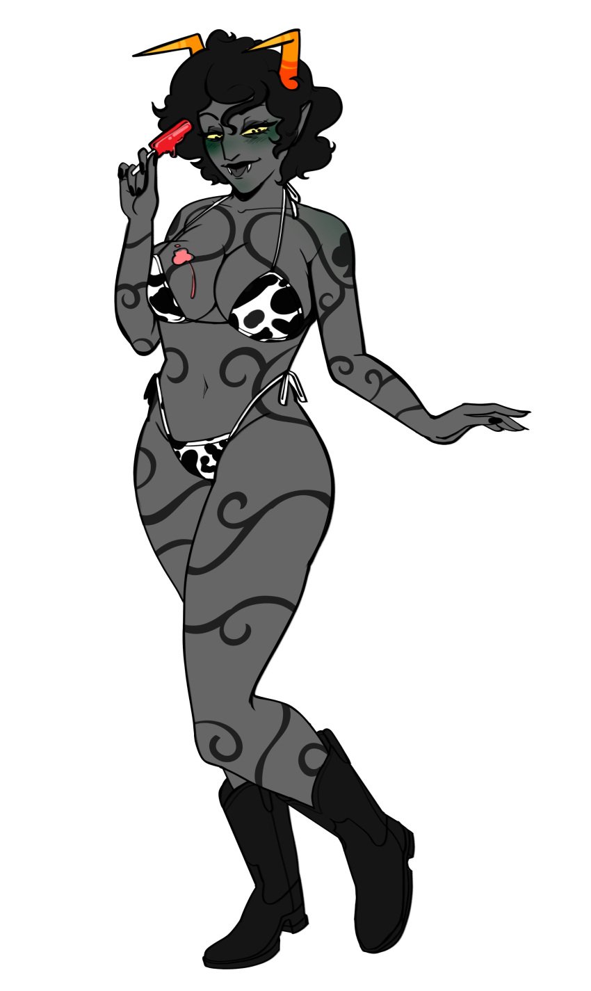 1girls belly boots clothed clothing cow_print cow_print_bikini curly_hair dripping fantroll female homestuck homestuck_oc horns large_breasts ms_paint_adventures popsicle soldierexclipse solo tagme tattoo tattoos thighs tongue tongue_out