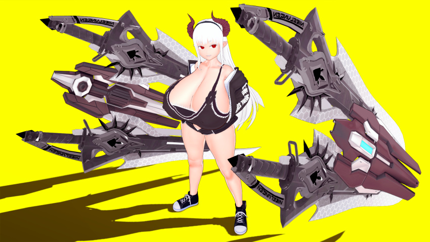 1girls 3d bare_legs bare_shoulders big_breasts cleavage deep_cleavage demon demon_girl demon_horns from_above hairband high-angle_view huge_breasts jacket jacket_on_shoulders koikatsu large_breasts long_hair looking_at_viewer open_clothes open_jacket oversized_weapon pointy_ears red_eyes shortstack smile sneakers tagme thick_thighs thighs weapon white_hair xxios yellow_background