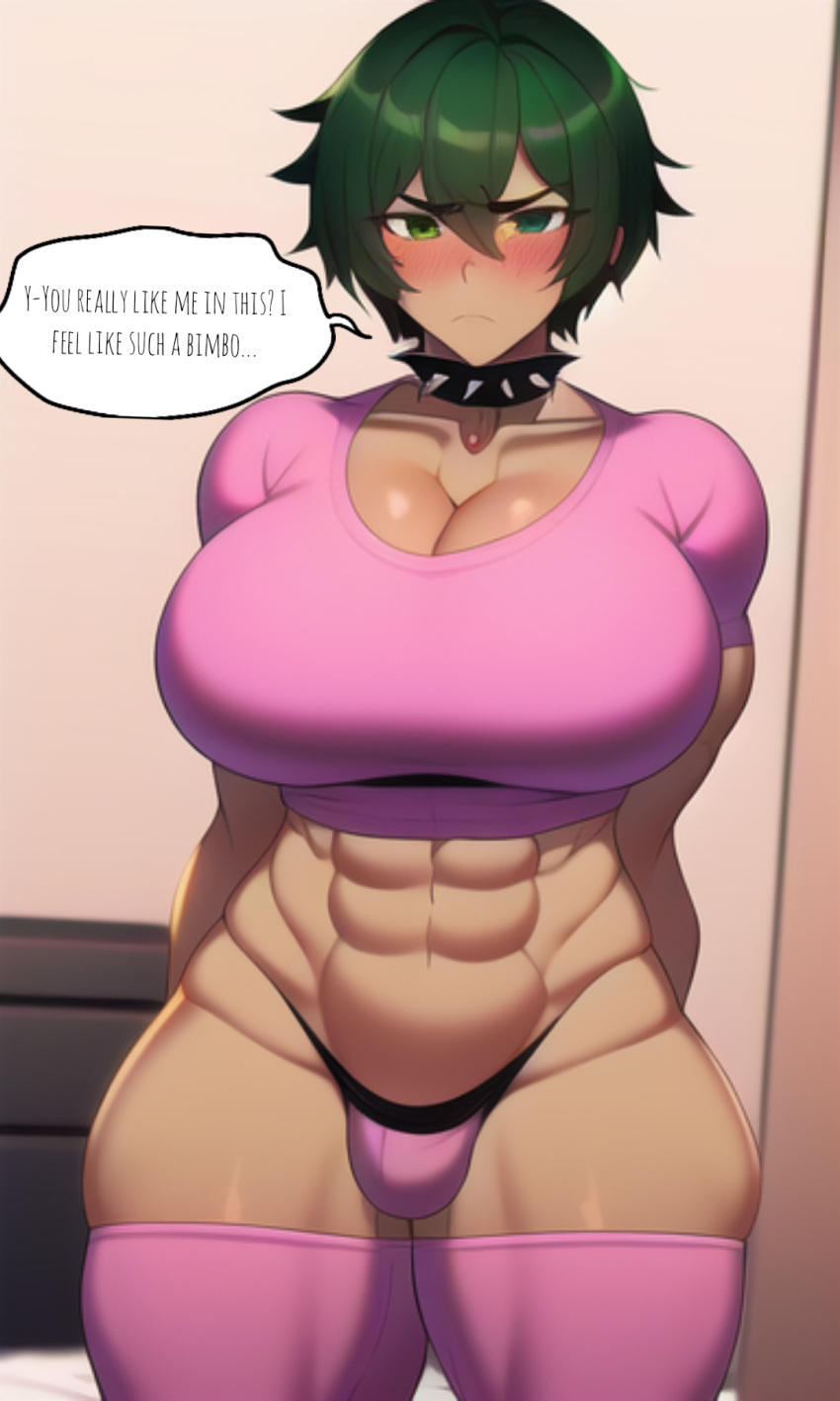 1futa ai_generated big_breasts blush blush_lines bulge cleavage dom_to_sub embarrassed english_text futanari futasub green_eyes green_hair midriff mommy_kink morgan_(xdk141) muscular muscular_futanari novelai pink_clothing pink_panties secretly_loves_it skimpy spiked_collar text_bubble thick_thighs thighhighs thong xdk141