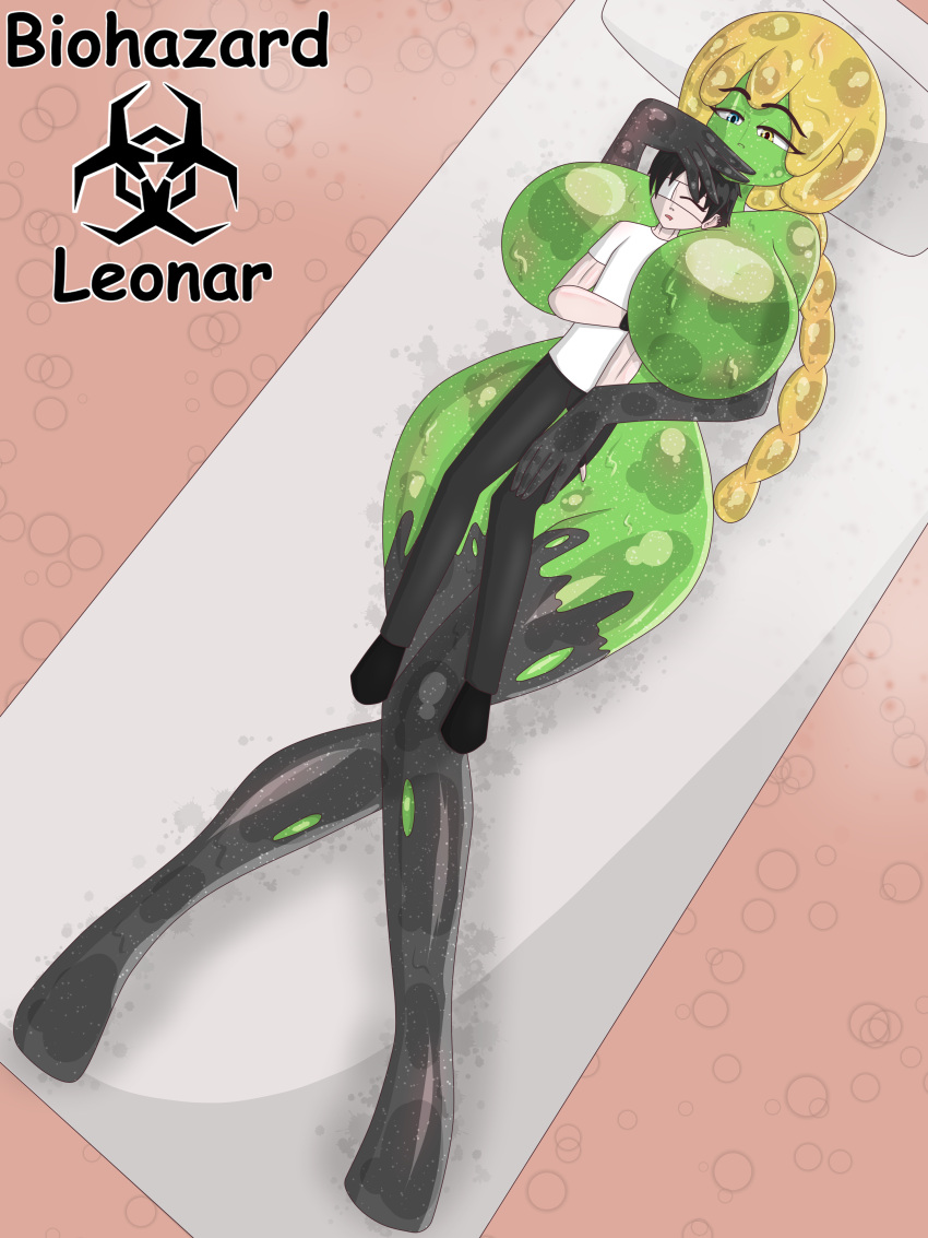 1boy bed big_breasts biohazardleonar black_goo breasts busty duo female fusion honey_gel hug huge_ass huge_breasts leonar(character) male midori_gel monster monster_boy monster_girl mutant petting size_difference sleeping slime slime_girl