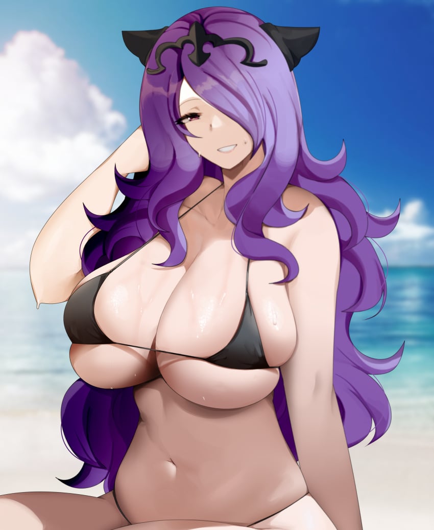 1girls bare_thighs beach bikini black_bikini black_swimsuit breasts camilla_(fire_emblem) female female_only fire_emblem fire_emblem_fates grin hair_over_one_eye horns huge_breasts long_hair looking_at_viewer micro_bikini navel nintendo ocean outdoors pekpekoni pink_eyes purple_hair sideboob sitting skindentation smile solo solo_female swimsuit thighs underboob very_long_hair