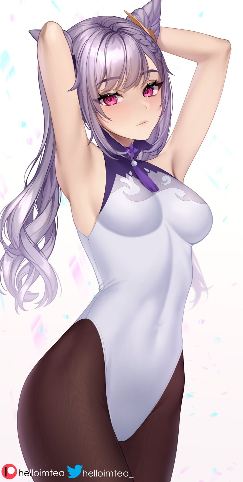 absurd_res absurdres cat_ears genshin_impact hands_behind_head helloimtea high_resolution highres keqing_(genshin_impact) looking_at_viewer midriff patreon_username purple_hair thin_female thin_waist tight_clothing twitter_username