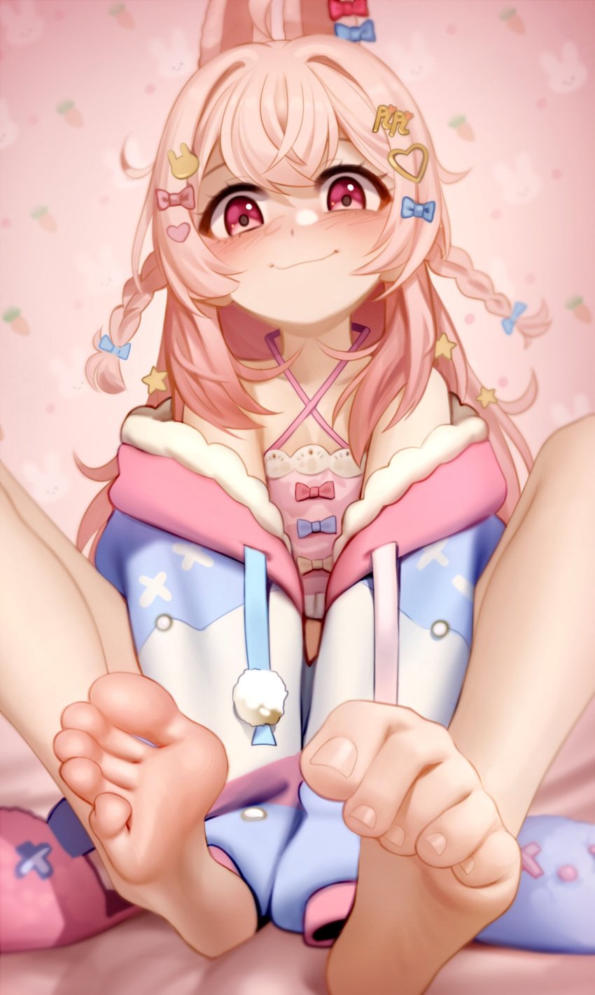 1girls blush braids bunny_ears bunny_hair_ornament feet female female_only flexible_toes foot_fetish foot_focus greek_toe heart heart_hair_ornament kairuhentai kairunoburogu letter_hair_ornament light-skinned_female light_skin phase_connect phase_origins pink_eyes pink_hair pipkin_pippa pipkin_pippa_(1st_costume) soles solo toes virtual_youtuber