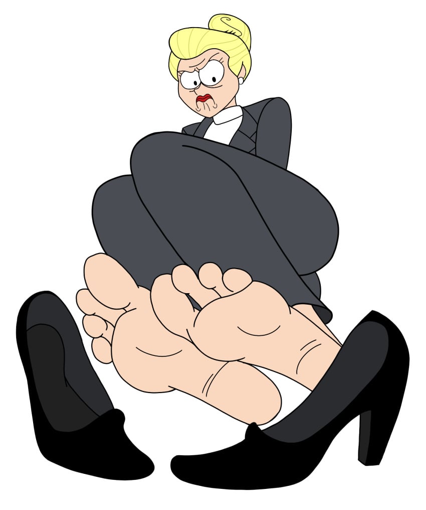 1girls angry angry_face barefoot blonde_hair business_woman feet female female_focus female_only foot_fetish foot_focus frown high_heels lying lying_on_side mature mature_female mr._chase_comix raul_aguirre red_lipstick regular_show shoes_removed simple_background soles solo suit susan_(regular_show) tagme toes