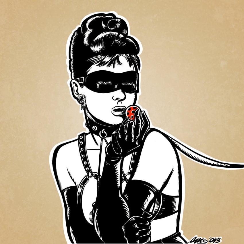 1girls albo audrey_hepburn ball_gag bdsm black_gloves blindfold breakfast_at_tiffany's celebrity collar elbow_gloves holly_golightly simple_background solo tagme