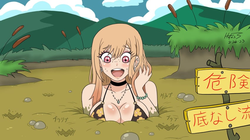 1girls bikini bikini_top bubble bubbles cattail_(plant) choker female_focus female_only flower hefess japanese_text kitagawa_marin mud open_mouth quicksand red_eyes sign sinking sono_bisque_doll_wa_koi_wo_suru swamp sweating sweating_profusely tagme text