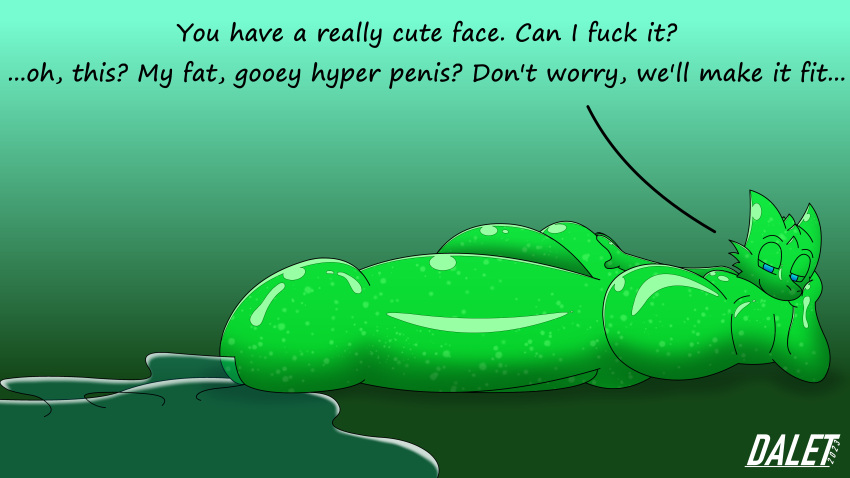 absurd_res anthro balls bedroom_eyes belly big_balls big_belly big_penis blue_eyes bodily_fluids daletfours dialogue dominant dragon excessive_genital_fluids excessive_precum genital_fluids genitals glistening glistening_body goo_creature goo_dragon gradient_background green_body hand_on_leg hand_on_own_leg hand_on_own_thigh hand_on_thigh hi_res honeydew_(daletfours) huge_balls huge_cock hyper hyper_balls hyper_genitalia hyper_penis looking_at_viewer lying male moobs narrowed_eyes on_side overweight overweight_male penis precum precum_pool precum_squirt profanity seductive simple_background smile solo talking_to_viewer