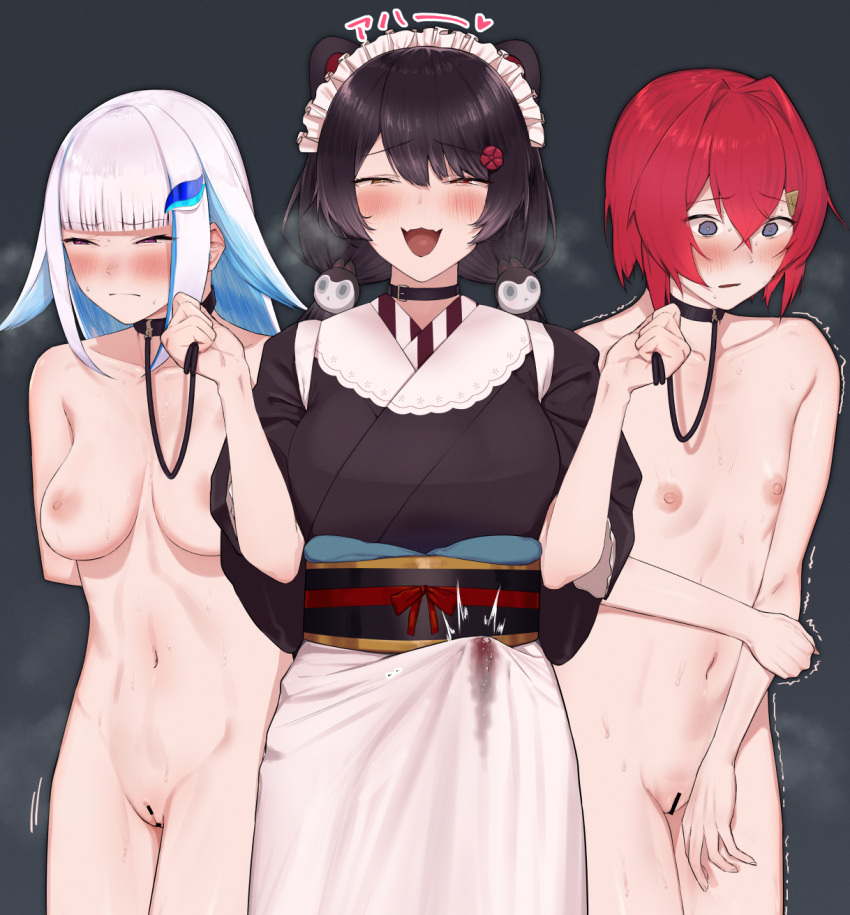 1futa 2girls ange_katrina animal_collar animal_ears apron arms_behind_back bangs bar_censor black_collar black_hair black_kimono blue_eyes blue_hair blunt_bangs blush bondage breasts breath bulge censored clothed clothing collar collarbone completely_nude crossed_bangs cum cum_in_clothes cum_through_clothes dog_ears dog_girl dog_hair_ornament erection erection_under_clothes fangs female flat_chest flipped_hair flower fully_clothed futanari gamarenji hair_between_eyes hair_flower hair_intakes hair_ornament hairclip half-closed_eyes heterochromia highres holding holding_leash human inui_toko japanese_clothes kimono large_breasts leash light-skinned_female light-skinned_futanari light_skin lize_helesta long_hair long_sleeves looking_at_viewer low_twintails maid_headdress medium_breasts multicolored_hair multiple_girls navel nijisanji nose_blush nude obi open_mouth precum_through_clothing purple_eyes pussy red_eyes red_flower red_hair sanbaka_(nijisanji) sash short_hair sleeves_pushed_up smile standing stomach swept_bangs tearing_up tenting trembling twintails two-tone_hair virtual_youtuber wa_maid waist_apron wavy_eyes white_apron white_hair wide_sleeves yellow_eyes