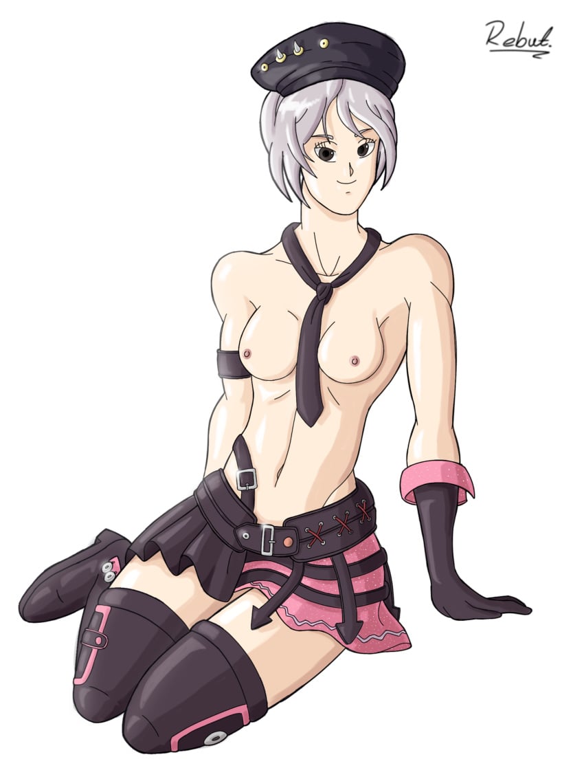 breasts brown_eyes brown_gloves brown_hat brown_necktie brown_skirt free_fire gray_hair kapella_(free_fire) pink_skirt rebut. solo_female topless