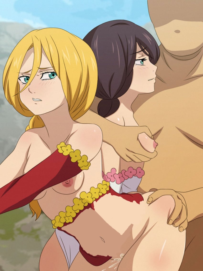 1boy 2girls ass_grab breast_grab breasts cum cum_in_pussy edit edited embarrassed from_behind jenna_(nanatsu_no_taizai) multiple_subs nanatsu_no_taizai navel nude rape sanmon seven_deadly_sins zaneri_(nanatsu_no_taizai)